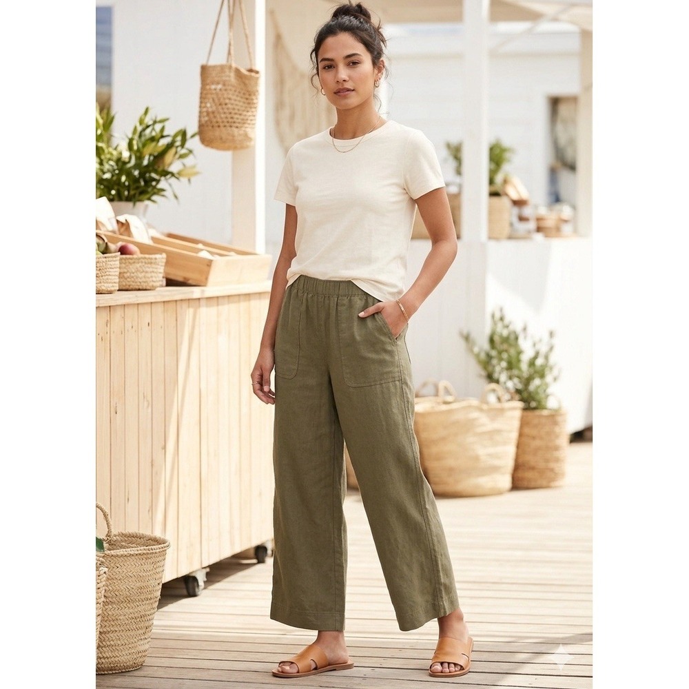 OLD NAVY Petite Large Olive Green Linen Wide Leg Pants High Rise Coastal NWT